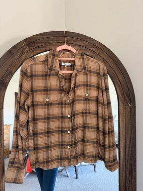 rag & bone Plaid Button-Down Shirt Jacket in Camel and Navy